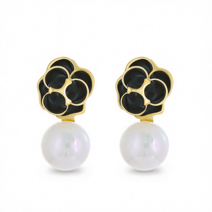 White Pearl & Black Enamel 18K Gold-Plated Flower Drop Earrings