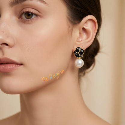 White Pearl & Black Enamel 18K Gold-Plated Flower Drop Earrings