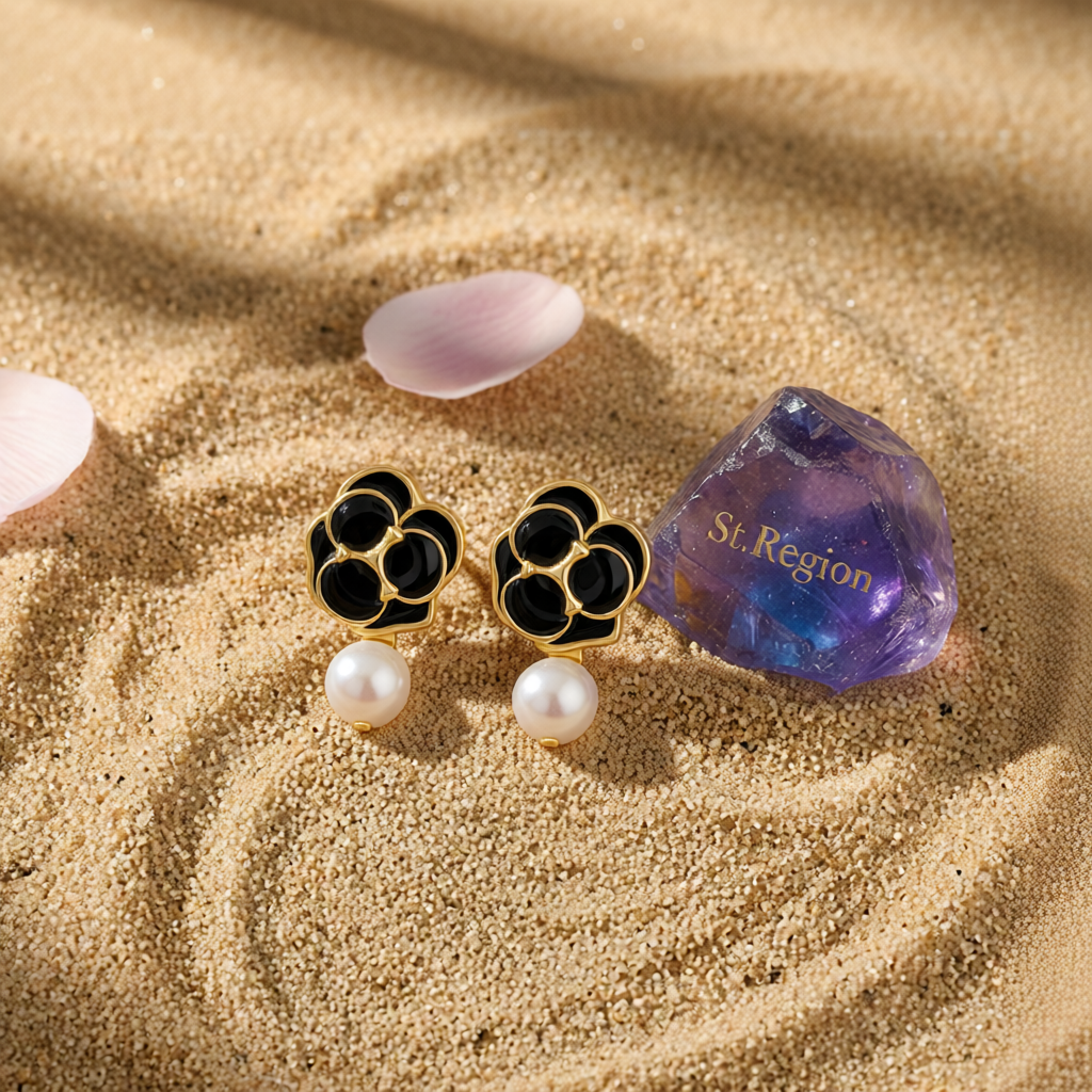 White Pearl & Black Enamel 18K Gold-Plated Flower Drop Earrings