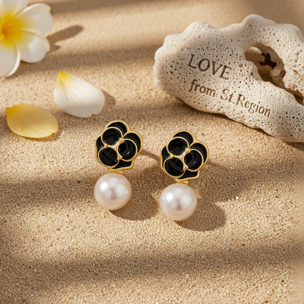 White Pearl & Black Enamel 18K Gold-Plated Flower Drop Earrings