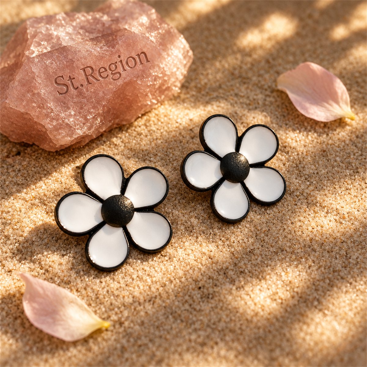 White and Black Flower Stud Earrings, stud earrings for women, elegant gift for her, detail close-up