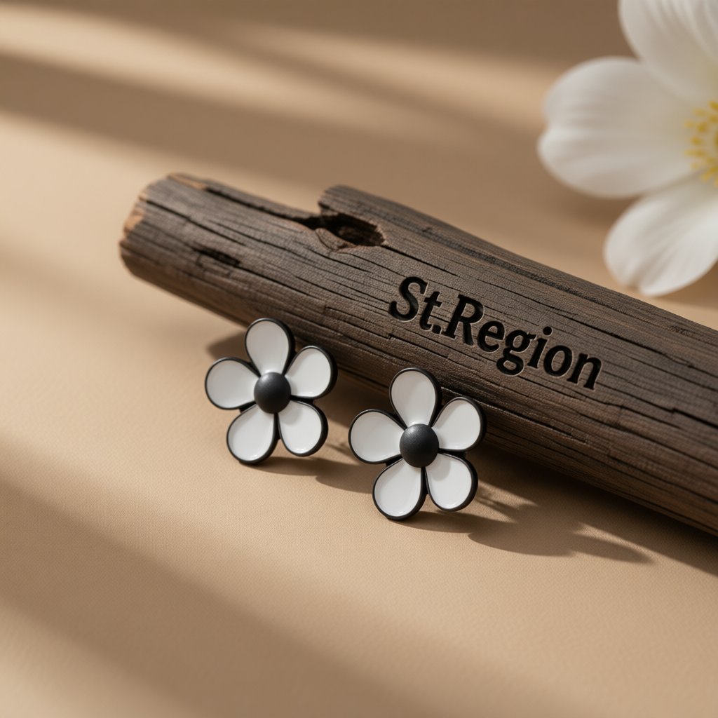 White and Black Flower Stud Earrings, stud earrings for women, elegant gift for her, front view