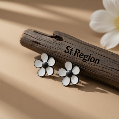 White and Black Flower Stud Earrings, stud earrings for women, elegant gift for her, front view