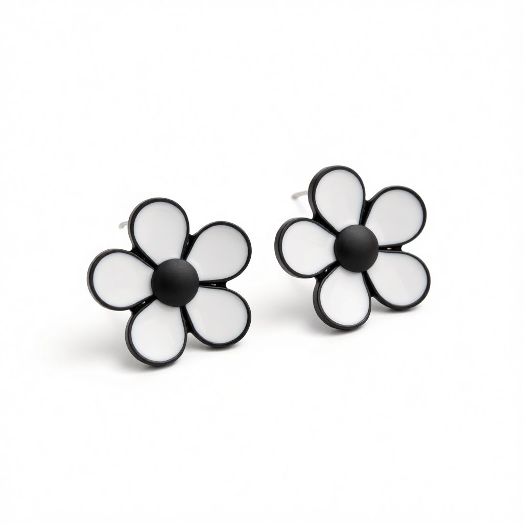 White and Black Flower Stud Earrings, stud earrings for women, elegant gift for her, side view