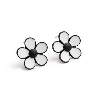 White and Black Flower Stud Earrings, stud earrings for women, elegant gift for her, side view