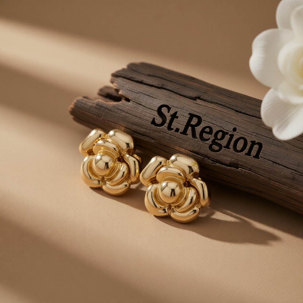 18K Gold-Plated Flower Stud Earrings, gold stud earrings for women, elegant gift for her, front view