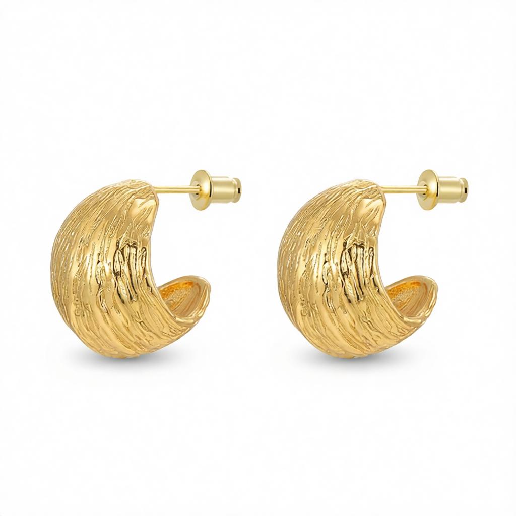 18K Gold-Plated C-Shape Huggie Earrings, gold huggie earrings, botanical inspired, side view