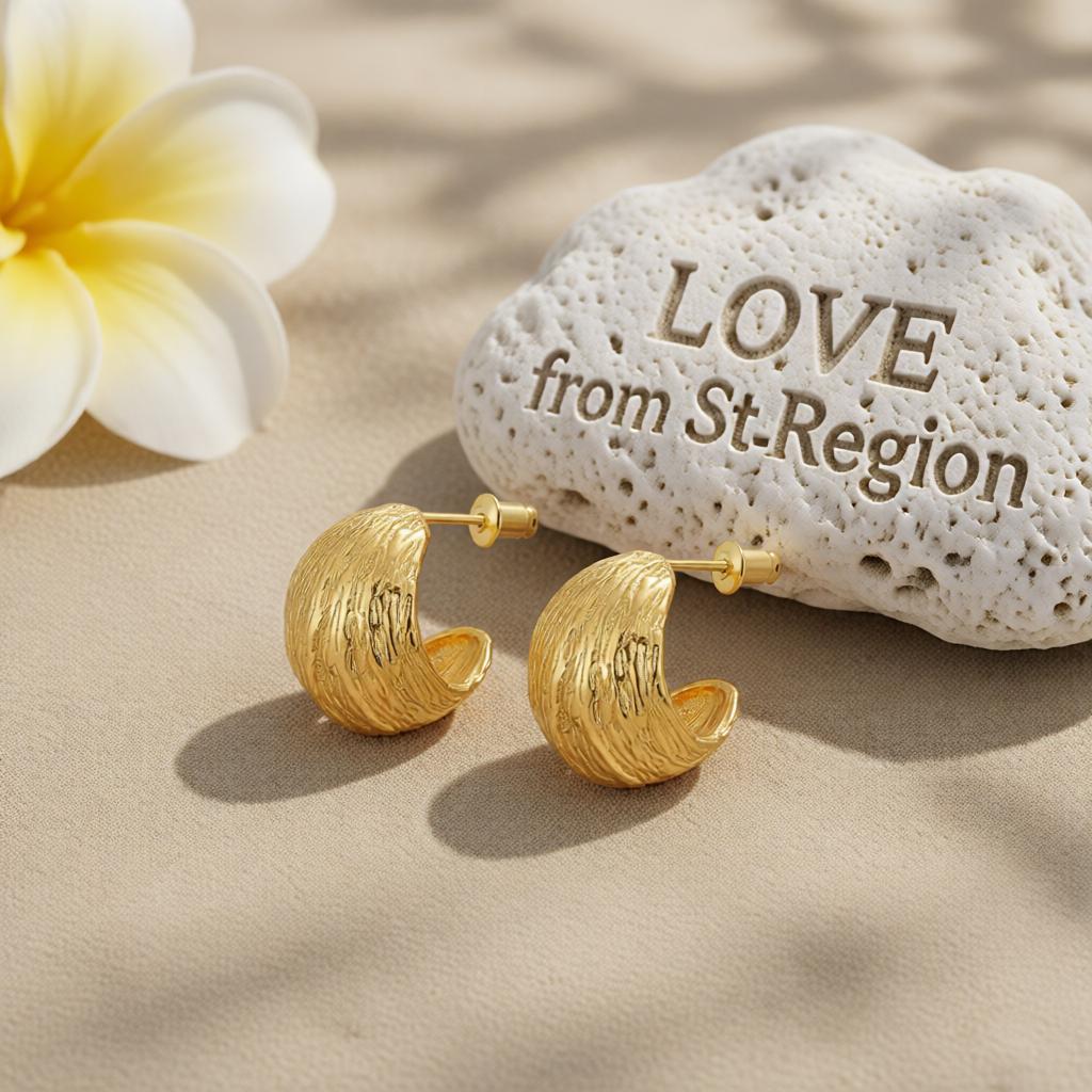 18K Gold-Plated C-Shape Huggie Earrings, gold huggie earrings, botanical inspired, lifestyle look