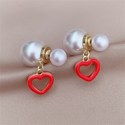 Red and Pearl Heart Ear Jackets, drop earrings for women, botanical inspired, front view