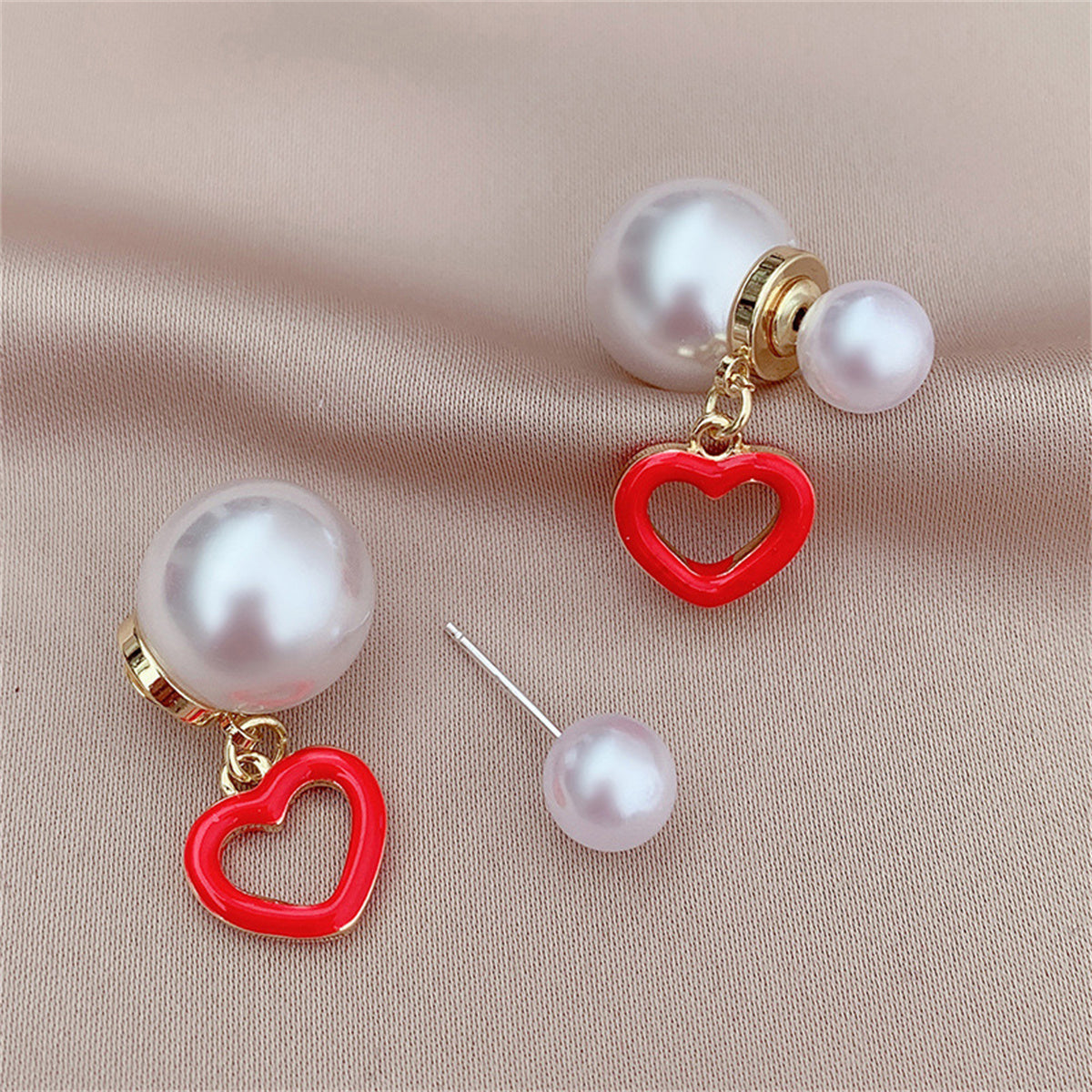 Red and Pearl Heart Ear Jackets, drop earrings for women, botanical inspired, side view
