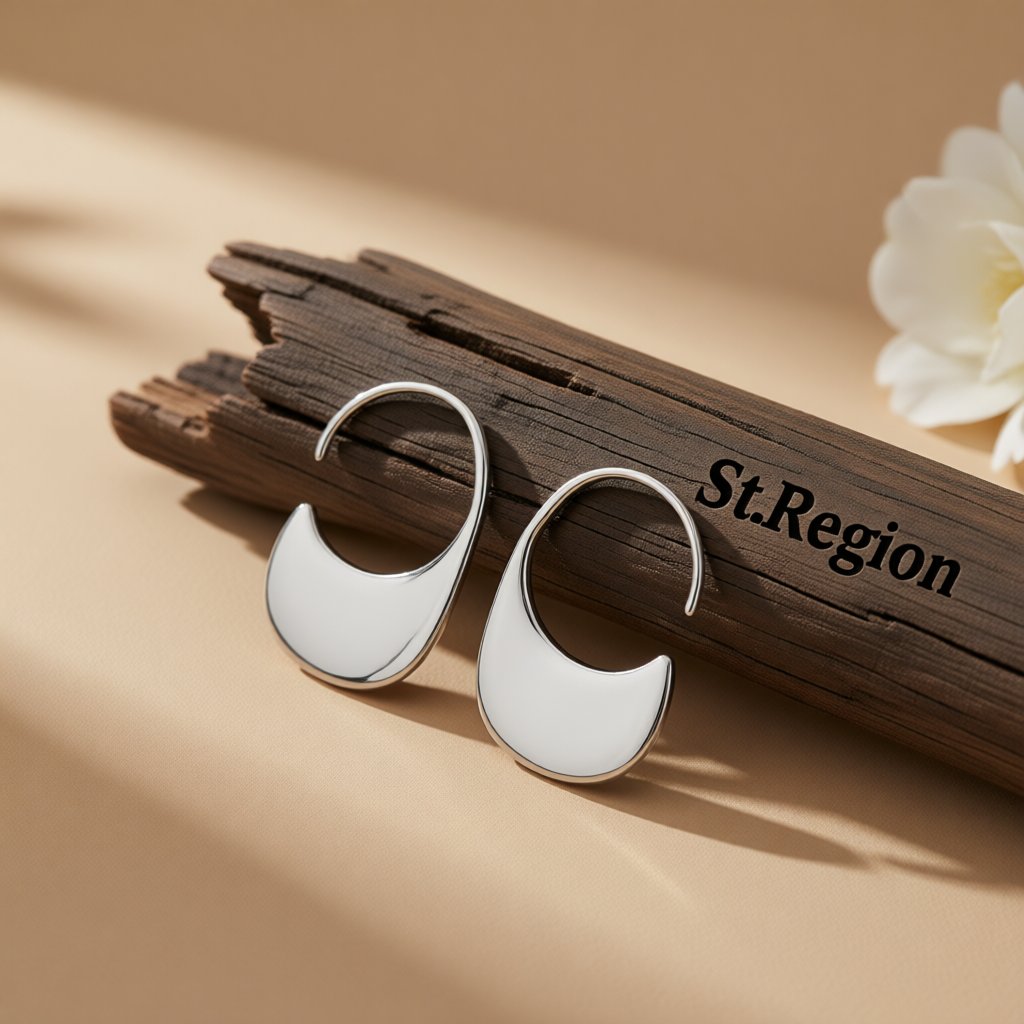 Silver-Plated Flat Huggie Earrings, silver huggie earrings, botanical inspired, front view