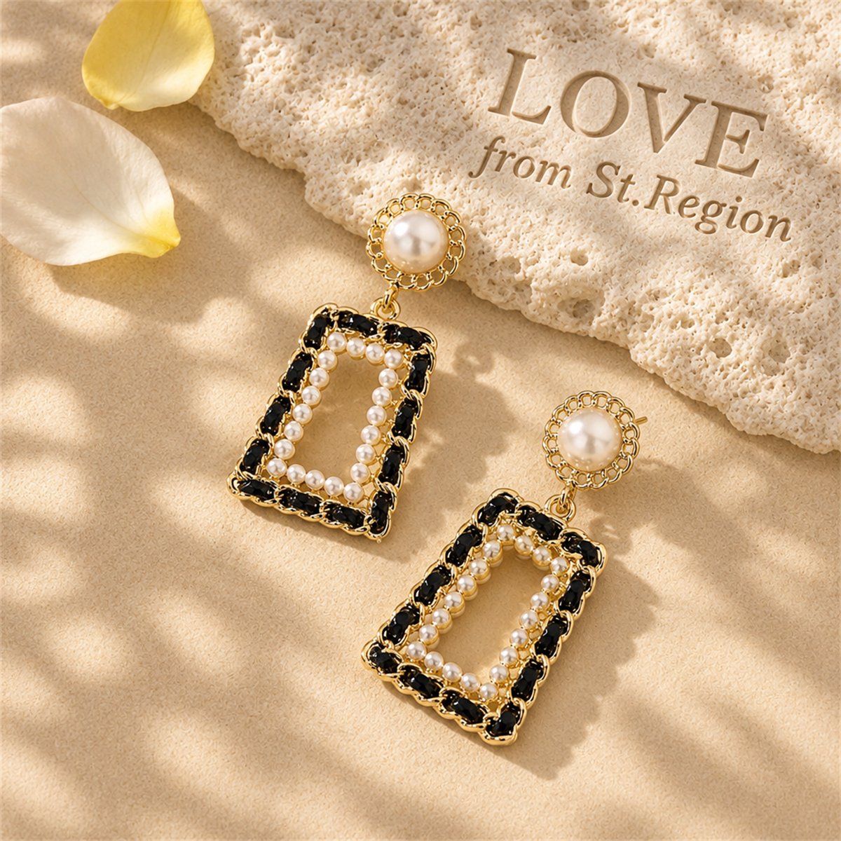 Black Polystyrene and Pearl 18K Gold-Plated Open Geometric Drop Earrings, gold drop earrings for women, lifestyle look