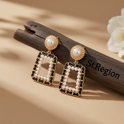 Black Polystyrene and Pearl 18K Gold-Plated Open Geometric Drop Earrings, gold drop earrings for women, front view