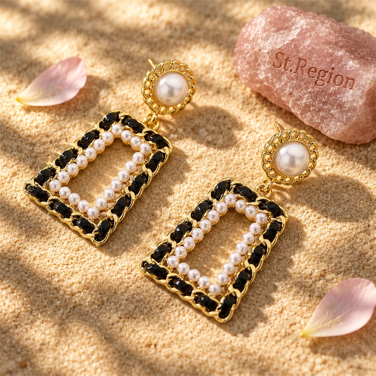 Black Polystyrene and Pearl 18K Gold-Plated Open Geometric Drop Earrings, gold drop earrings for women, detail close-up