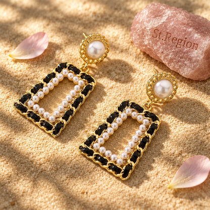 Black Polystyrene and Pearl 18K Gold-Plated Open Geometric Drop Earrings, gold drop earrings for women, detail close-up