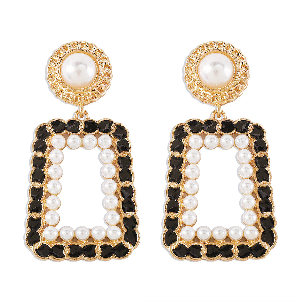Black Polystyrene and Pearl 18K Gold-Plated Open Geometric Drop Earrings, gold drop earrings for women, side view