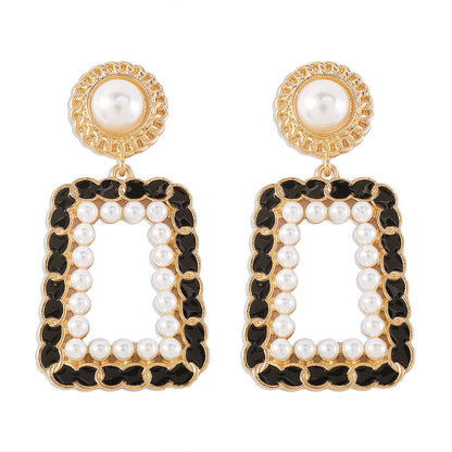 Black Polystyrene and Pearl 18K Gold-Plated Open Geometric Drop Earrings, gold drop earrings for women, side view