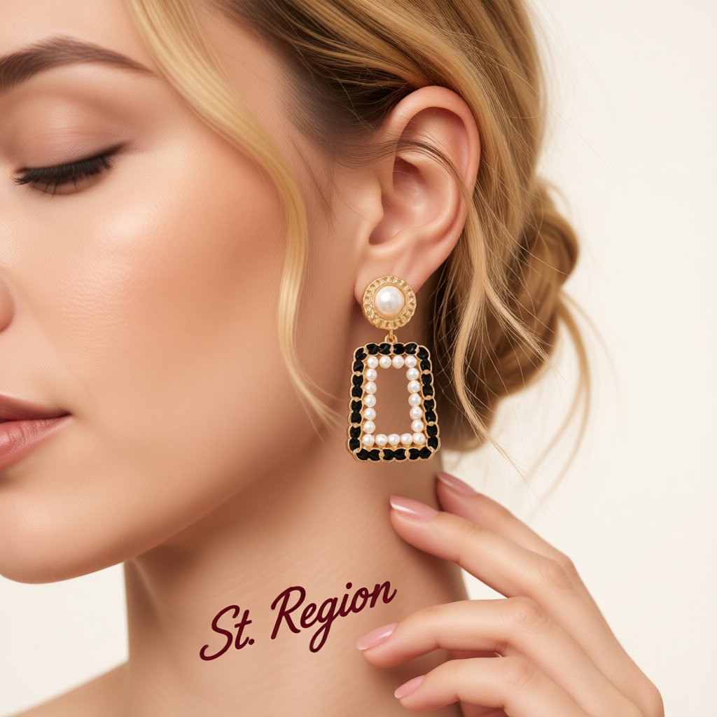 Black Polystyrene and Pearl 18K Gold-Plated Open Geometric Drop Earrings, gold drop earrings for women, styled look