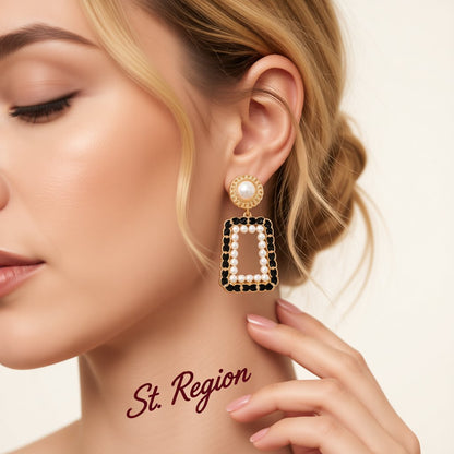 Black Polystyrene and Pearl 18K Gold-Plated Open Geometric Drop Earrings, gold drop earrings for women, styled look