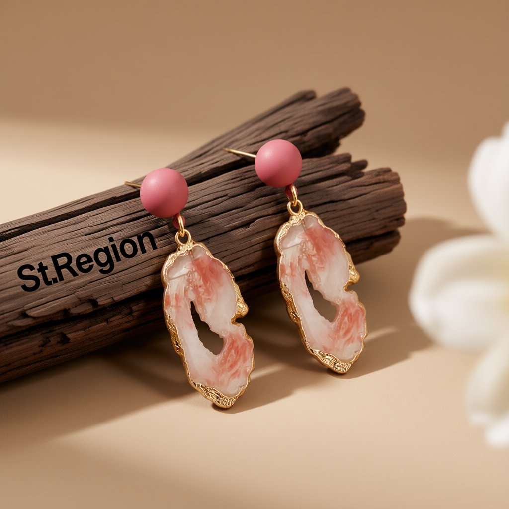 Pink Resin and Enamel 18K Gold-Plated Drop Earrings, gold drop earrings for women, dainty minimalist design, front view