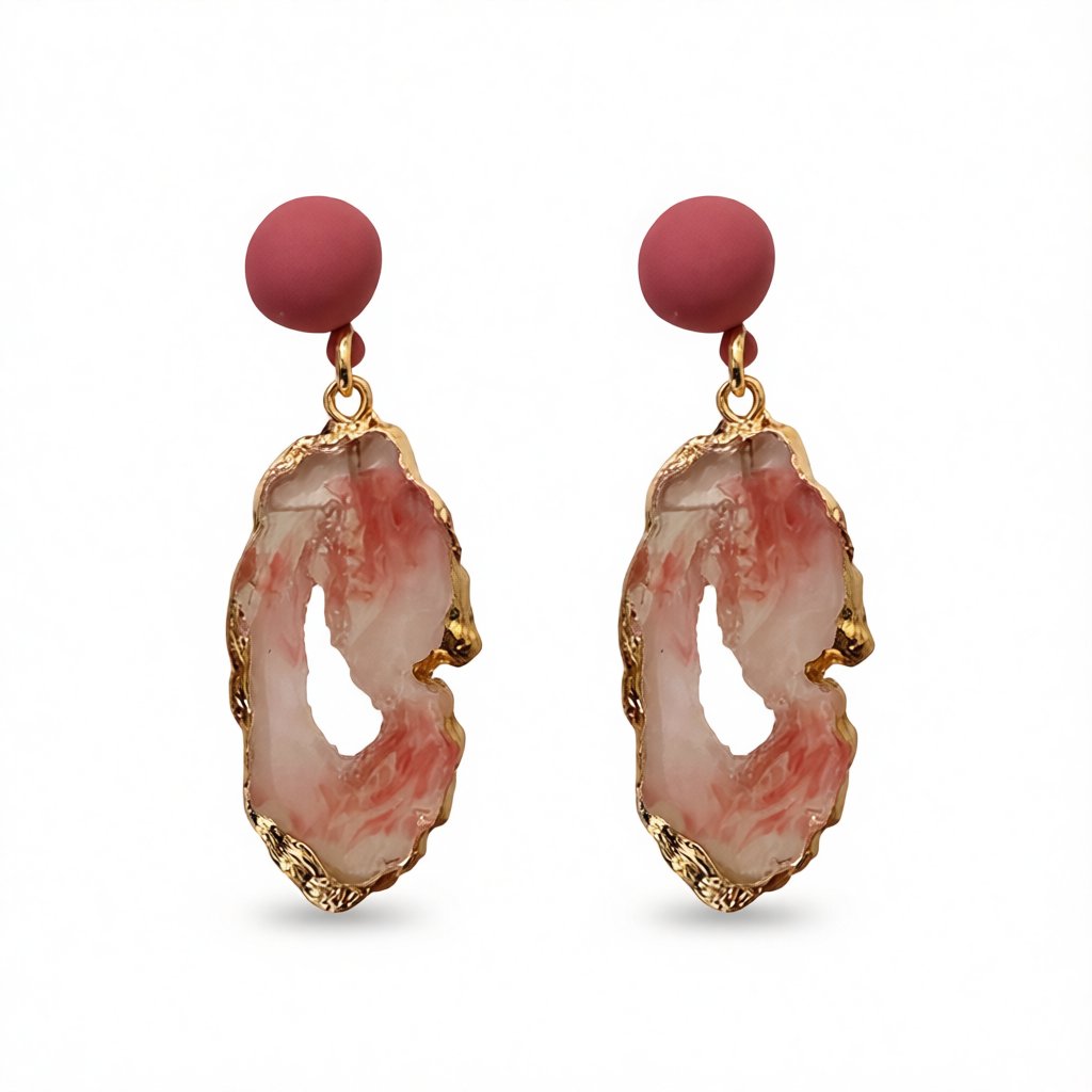 Pink Resin and Enamel 18K Gold-Plated Drop Earrings, gold drop earrings for women, dainty minimalist design, side view