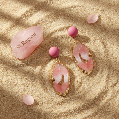 Pink Resin and Enamel 18K Gold-Plated Drop Earrings, gold drop earrings for women, dainty minimalist design, detail close-up