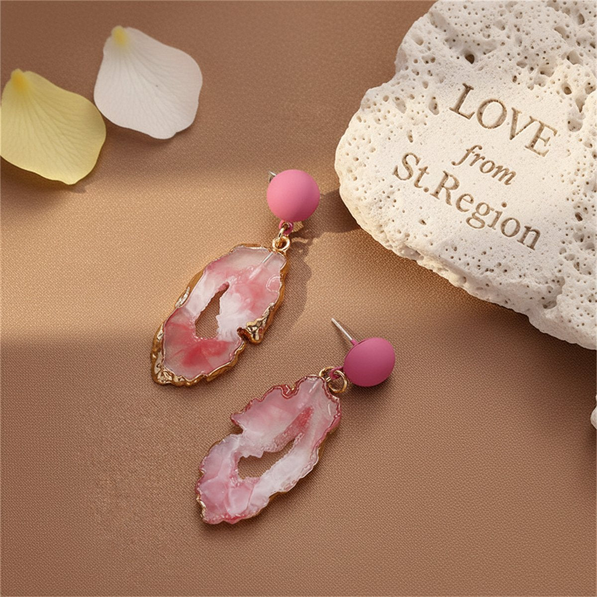 Pink Resin and Enamel 18K Gold-Plated Drop Earrings, gold drop earrings for women, dainty minimalist design, lifestyle look