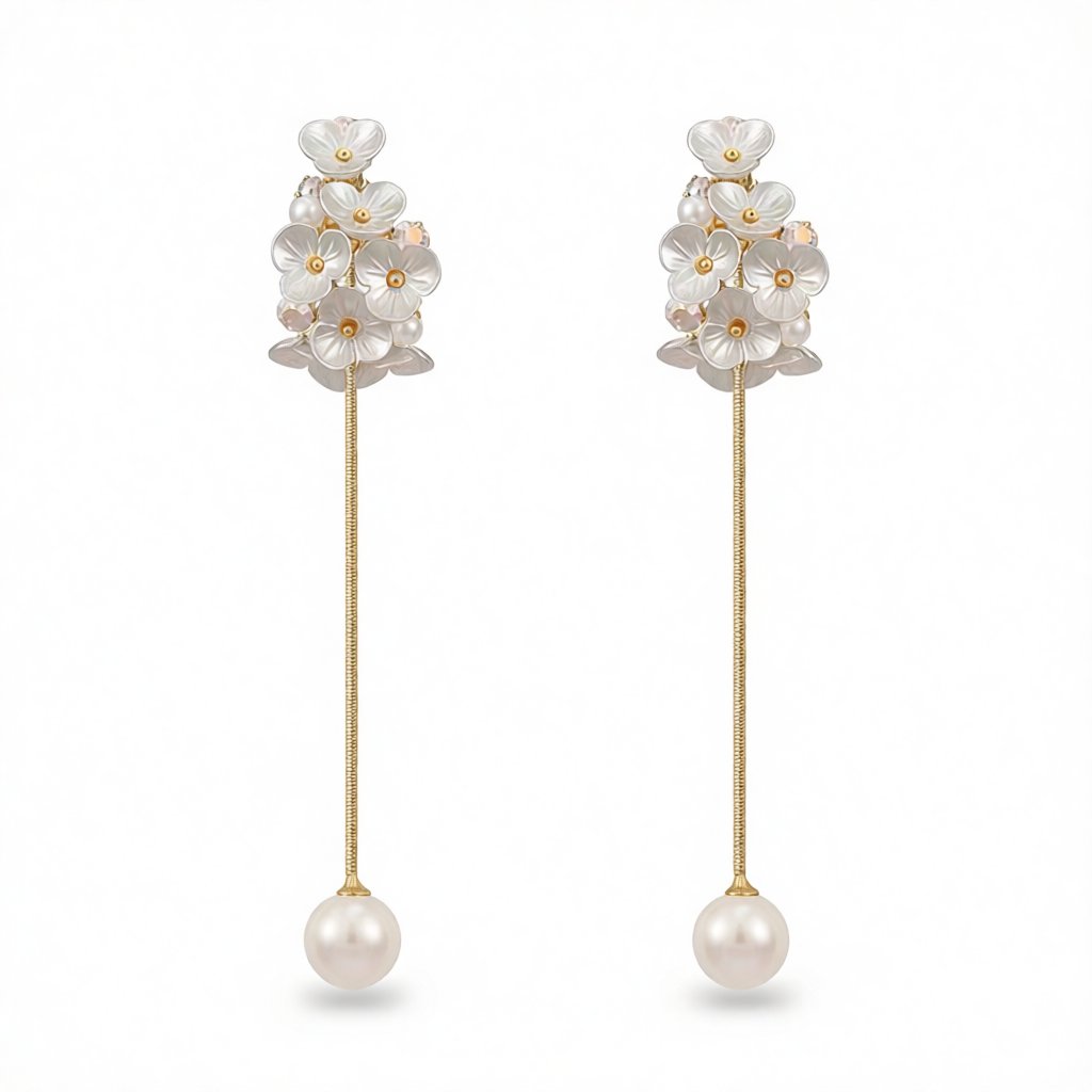 Cubic Zirconia and Pearl Flower Tassel Ear Jackets, vintage-inspired design, side view