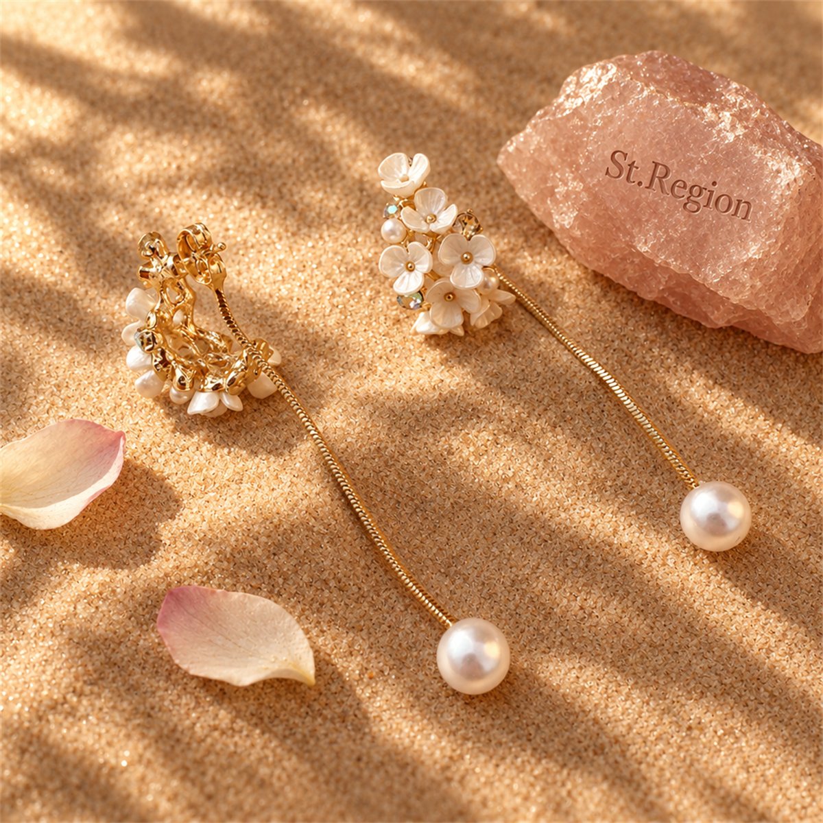 Cubic Zirconia and Pearl Flower Tassel Ear Jackets, vintage-inspired design, detail close-up