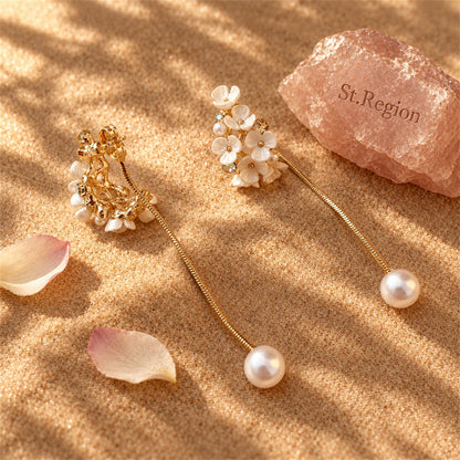 Cubic Zirconia and Pearl Flower Tassel Ear Jackets, vintage-inspired design, detail close-up