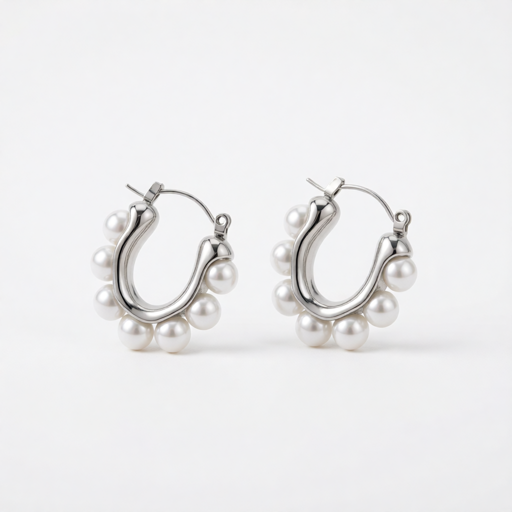 Pearl & Silver-Plated U-Shaped Huggie Earrings