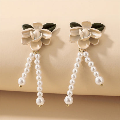 Pearl and Enamel 18K Gold-Plated Flower Drop Earrings, gold drop earrings for women, dainty minimalist design, lifestyle look