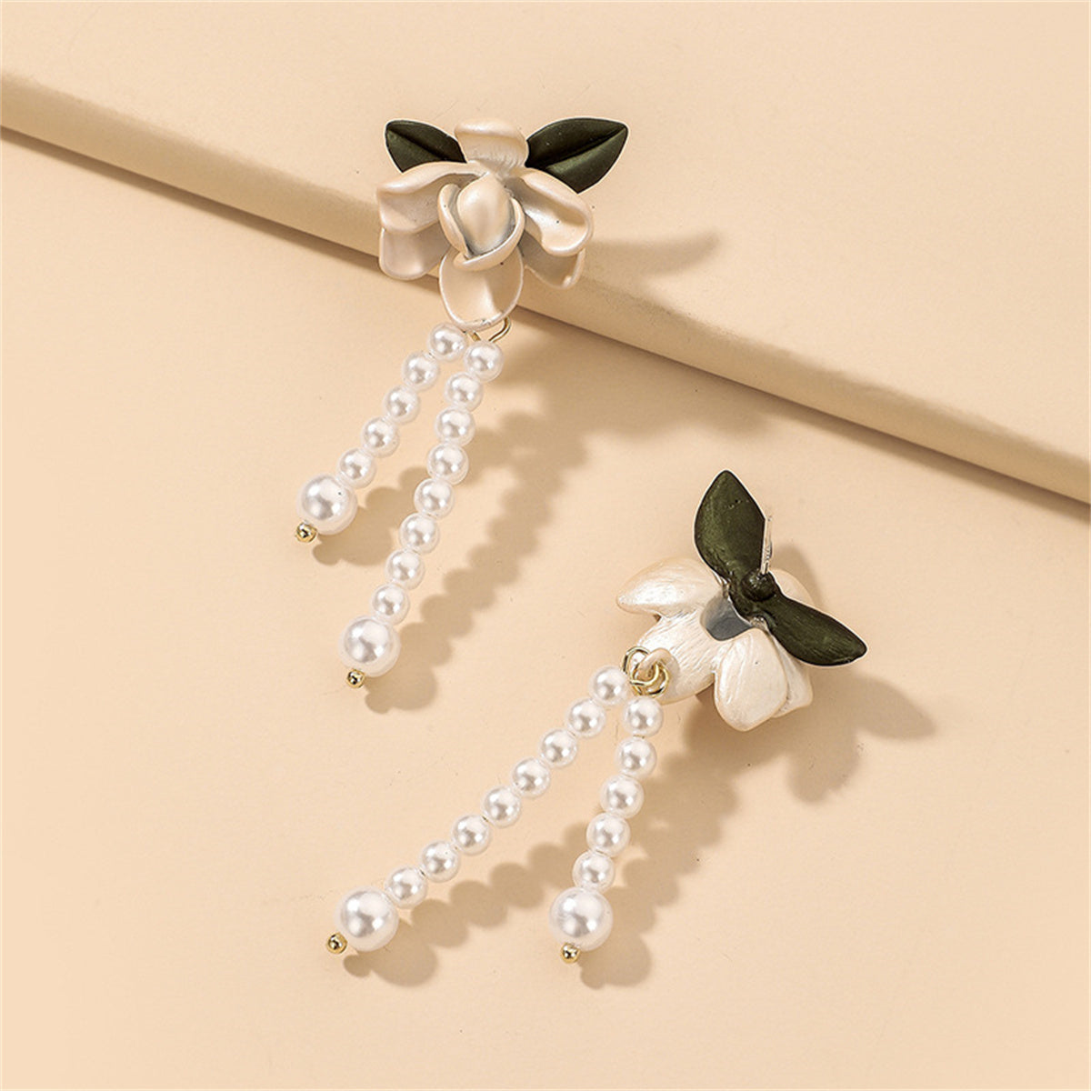 Pearl and Enamel 18K Gold-Plated Flower Drop Earrings, gold drop earrings for women, dainty minimalist design, styled look