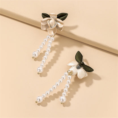 Pearl and Enamel 18K Gold-Plated Flower Drop Earrings, gold drop earrings for women, dainty minimalist design, styled look