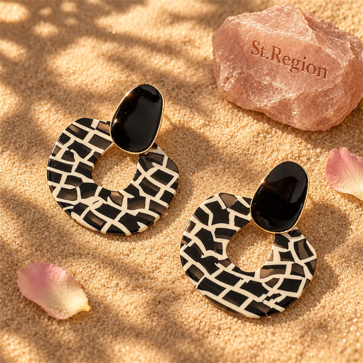 Black Enamel and Acrylic Zebra Oval Drop Earrings, drop earrings for women, botanical inspired, detail close-up