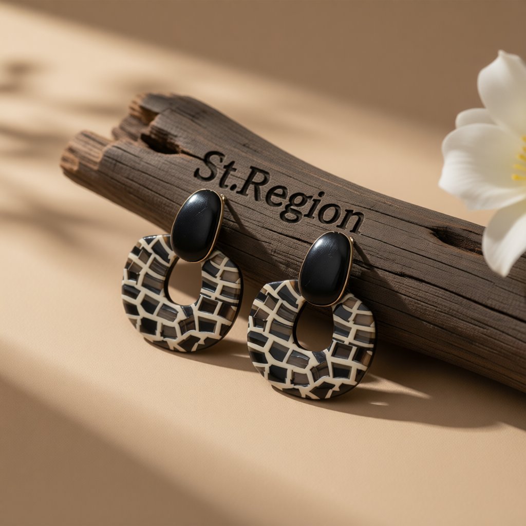 Black Enamel and Acrylic Zebra Oval Drop Earrings, drop earrings for women, botanical inspired, front view
