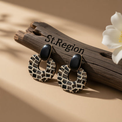 Black Enamel and Acrylic Zebra Oval Drop Earrings, drop earrings for women, botanical inspired, front view
