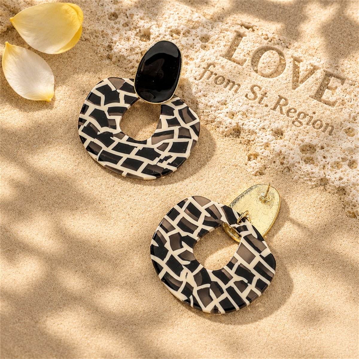 Black Enamel and Acrylic Zebra Oval Drop Earrings, drop earrings for women, botanical inspired, lifestyle look