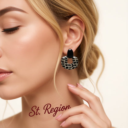 Black Enamel and Acrylic Zebra Oval Drop Earrings, drop earrings for women, botanical inspired, styled look