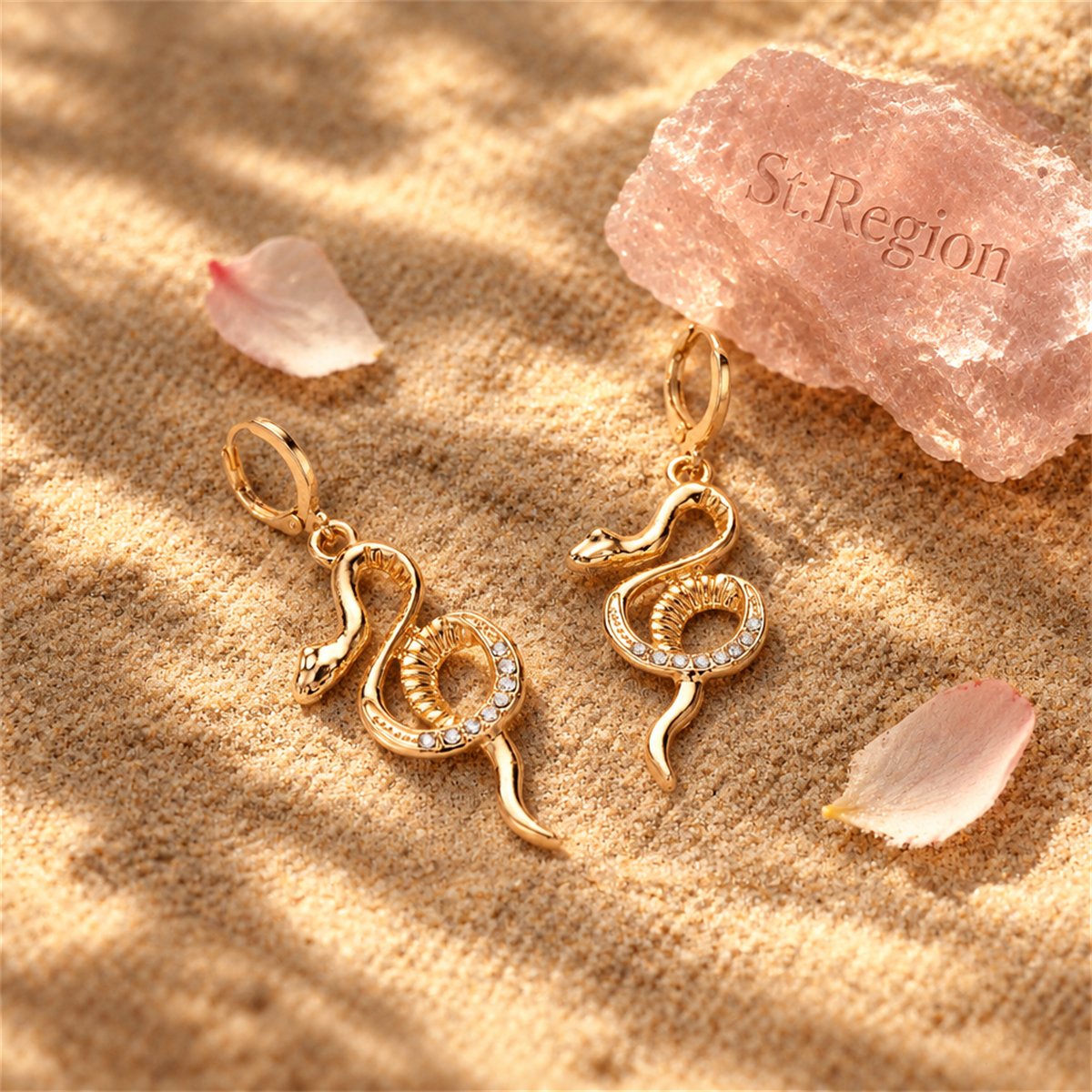 Cubic Zirconia and 18K Gold-Plated Snake Huggie Earrings, gold huggie earrings, vintage-inspired design, detail close-up