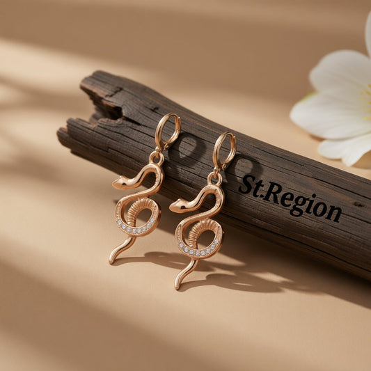 Cubic Zirconia and 18K Gold-Plated Snake Huggie Earrings, gold huggie earrings, vintage-inspired design, front view