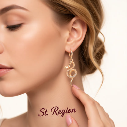 Cubic Zirconia and 18K Gold-Plated Snake Huggie Earrings, gold huggie earrings, vintage-inspired design, styled look
