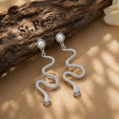Pearl & Silver-Plated Snake Cut Drop Earrings