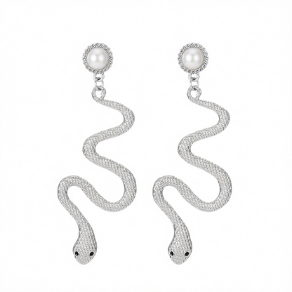 Pearl & Silver-Plated Snake Cut Drop Earrings