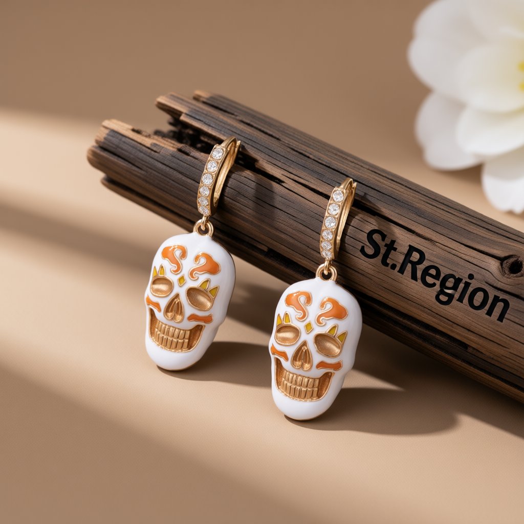 Cubic Zirconia and Enamel 18K Gold-Plated Skull Huggie Earrings, gold huggie earrings, botanical inspired, front view