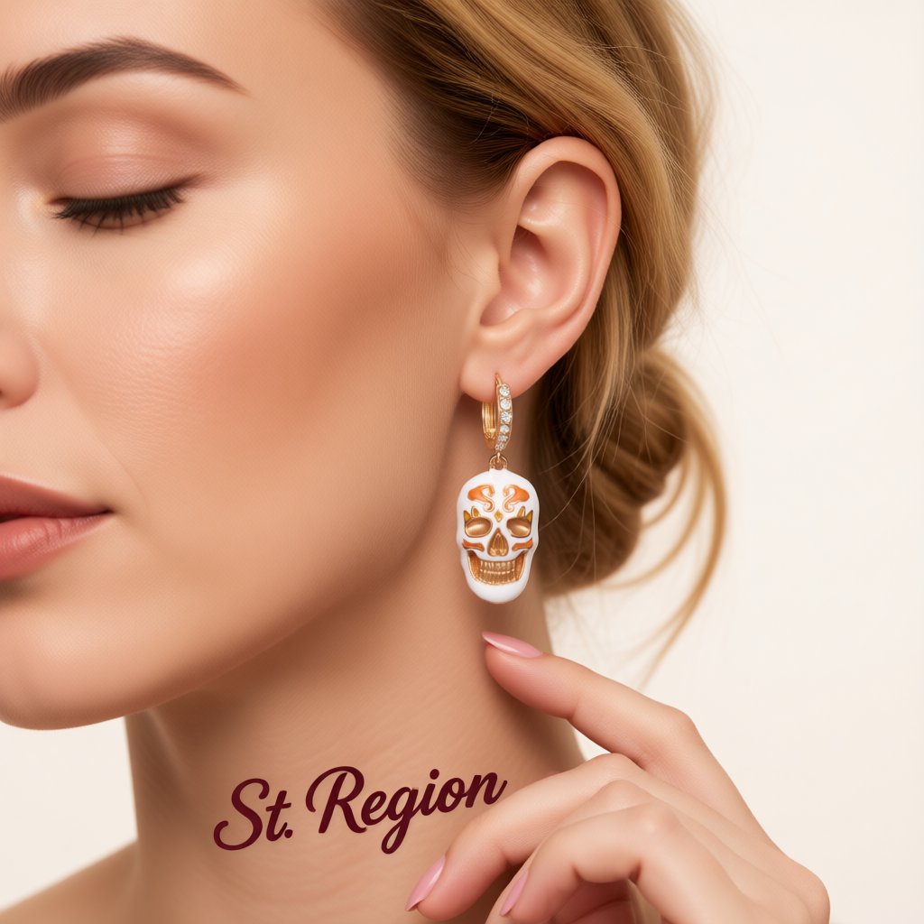 Cubic Zirconia and Enamel 18K Gold-Plated Skull Huggie Earrings, gold huggie earrings, botanical inspired, styled look