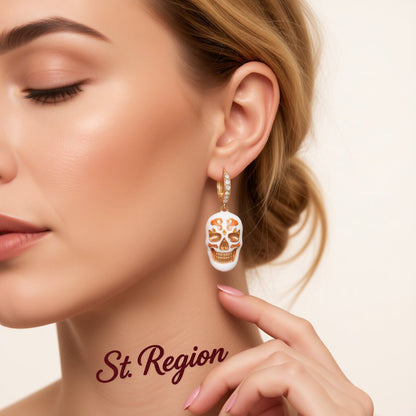 Cubic Zirconia and Enamel 18K Gold-Plated Skull Huggie Earrings, gold huggie earrings, botanical inspired, styled look