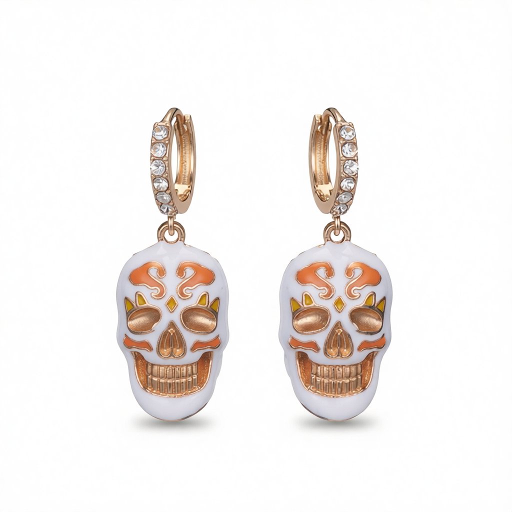 Cubic Zirconia and Enamel 18K Gold-Plated Skull Huggie Earrings, gold huggie earrings, botanical inspired, side view