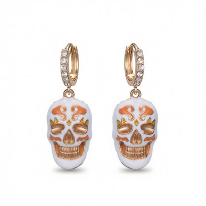 Cubic Zirconia and Enamel 18K Gold-Plated Skull Huggie Earrings, gold huggie earrings, botanical inspired, side view