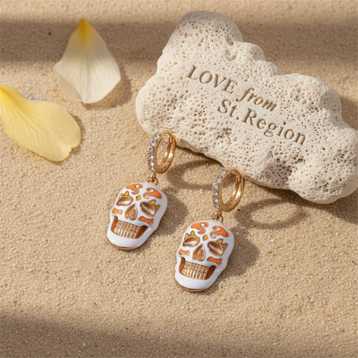 Cubic Zirconia and Enamel 18K Gold-Plated Skull Huggie Earrings, gold huggie earrings, botanical inspired, lifestyle look
